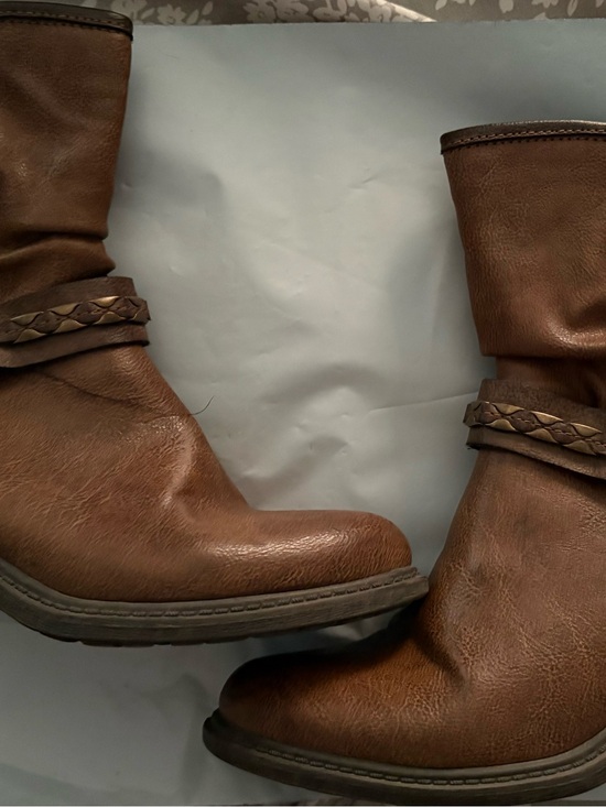 Shoes - Women’s Brown Leather Mid-Calf Boots - Casual Braided Strap